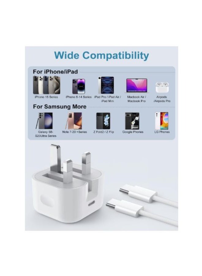 35W USB-C Fast Charger for iPhone 15 Pro Max/16/17/17 Pro Max with 1M Type-C Cable PD Wall Charger Adapter for iPad iPhone (White) - Image 2